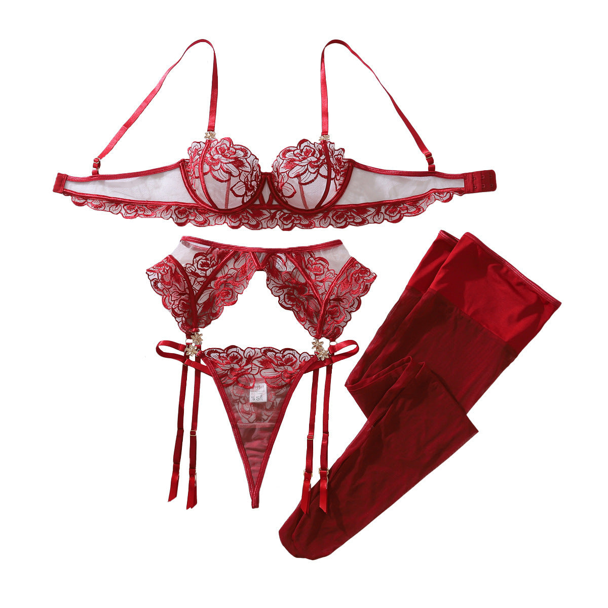 Floral Embroidery Sheer Push-Up Lingerie Set