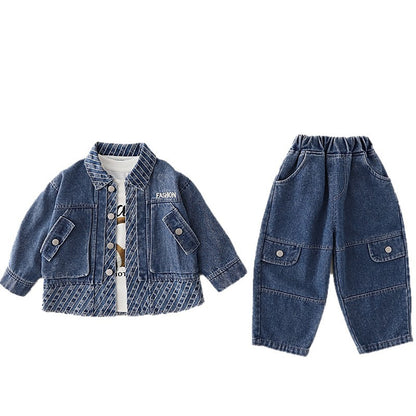 Autumn denim jacket long sleeved three piece set for children