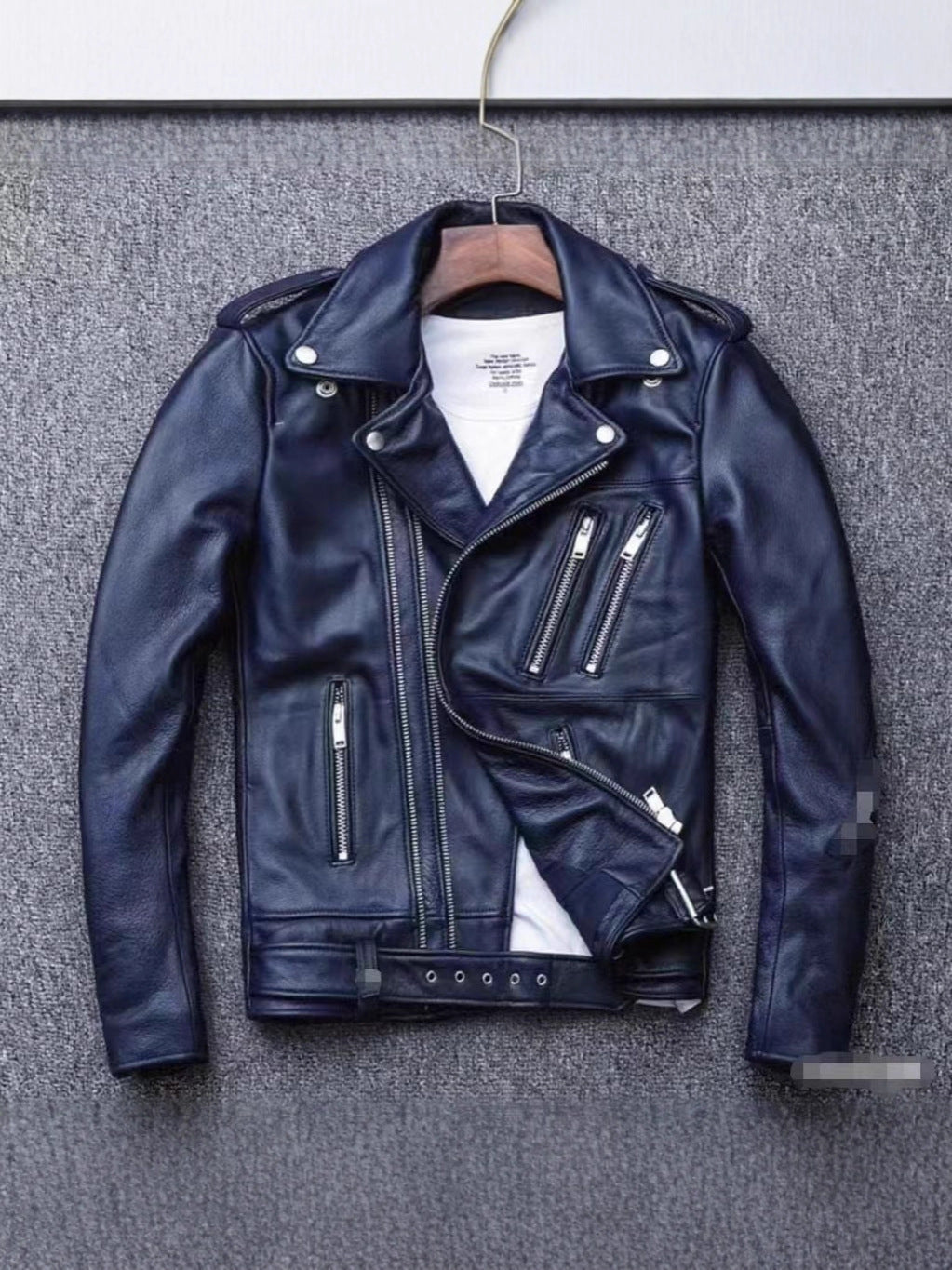 Men's leather jacket with water-washed finish, motorcycle-style men's leather jacket