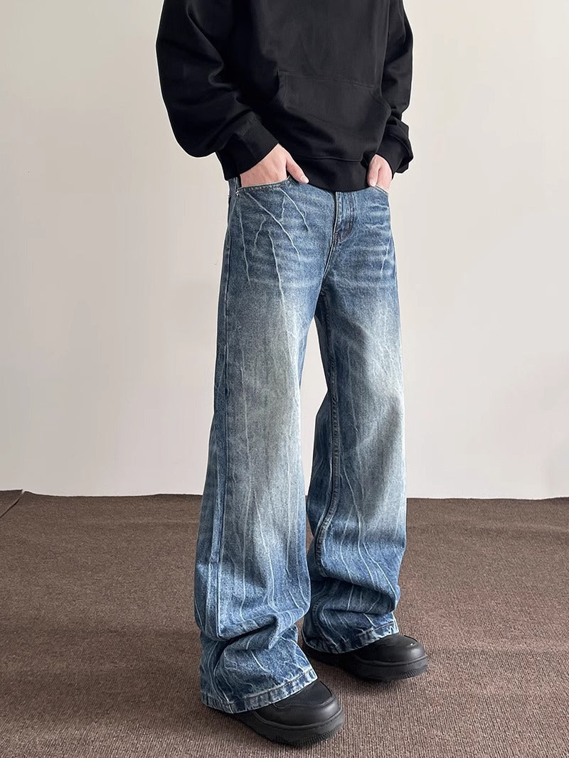 Mens Washed Denim Wide Leg Trousers