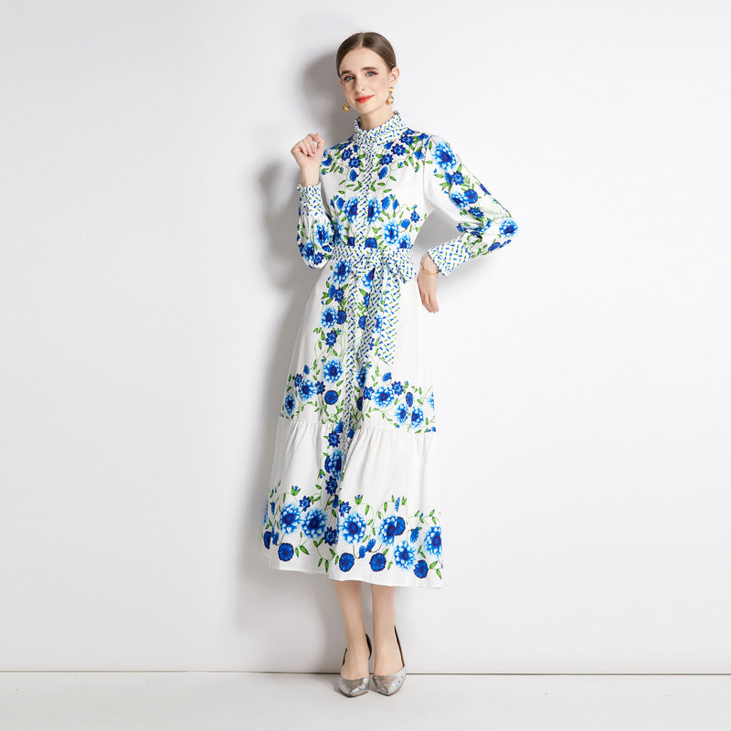 Dames retro overhemdjurk met bloemenprint ceintuur  en knopen