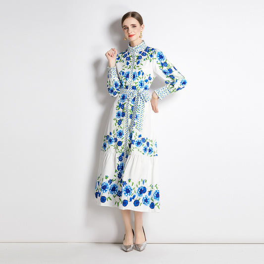 Dames retro overhemdjurk met bloemenprint ceintuur  en knopen