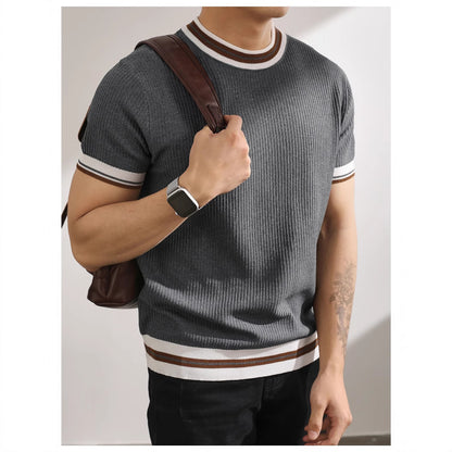 Men's Striped Ice Silk Knit Polo Shirt Short Sleeve Slim Fit Summer Top