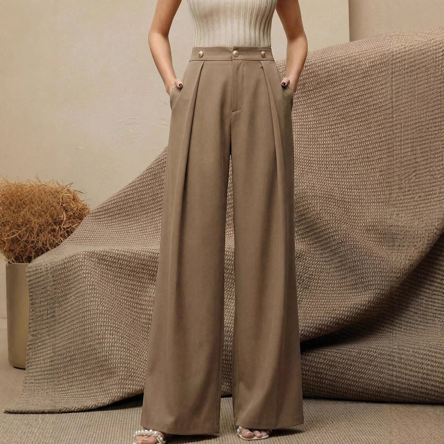 Dames pantalon met plooien hoge taille en wijde pijpen