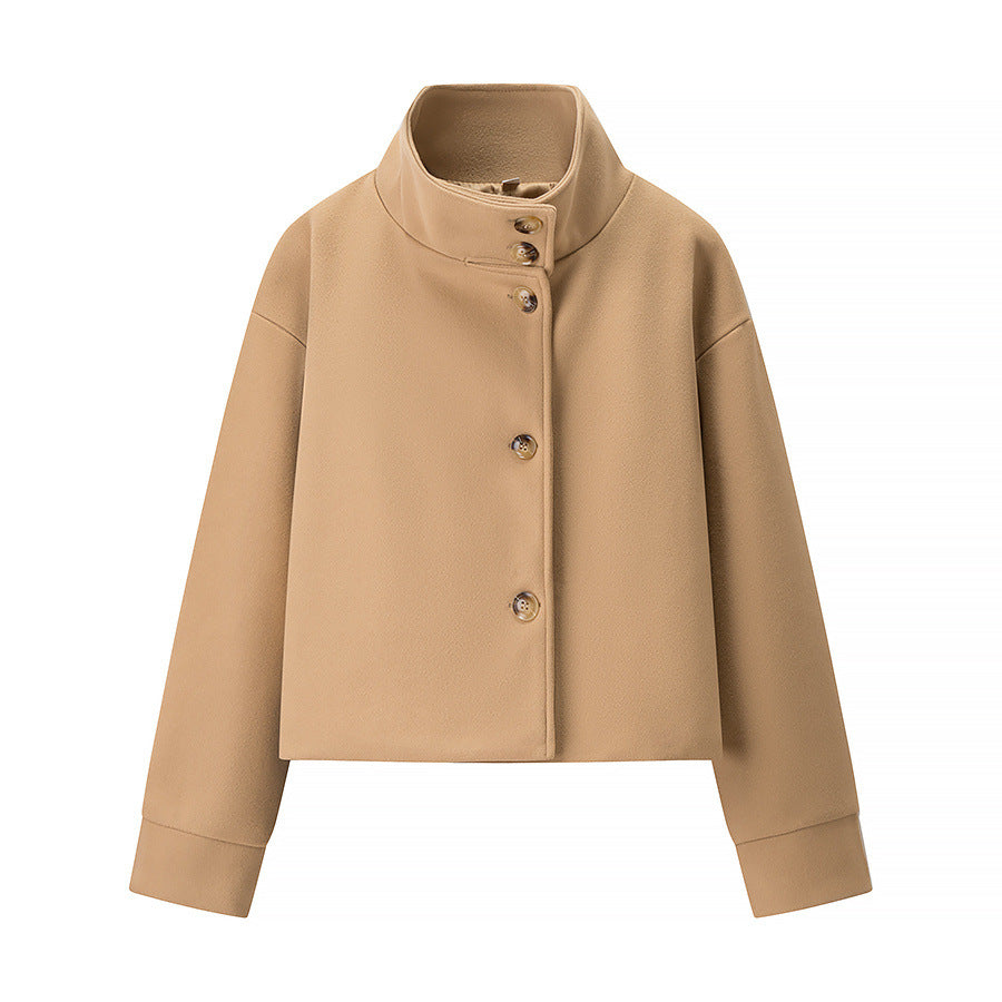 Short Stand-Collar Single-Breasted Elegant Woolen Coat