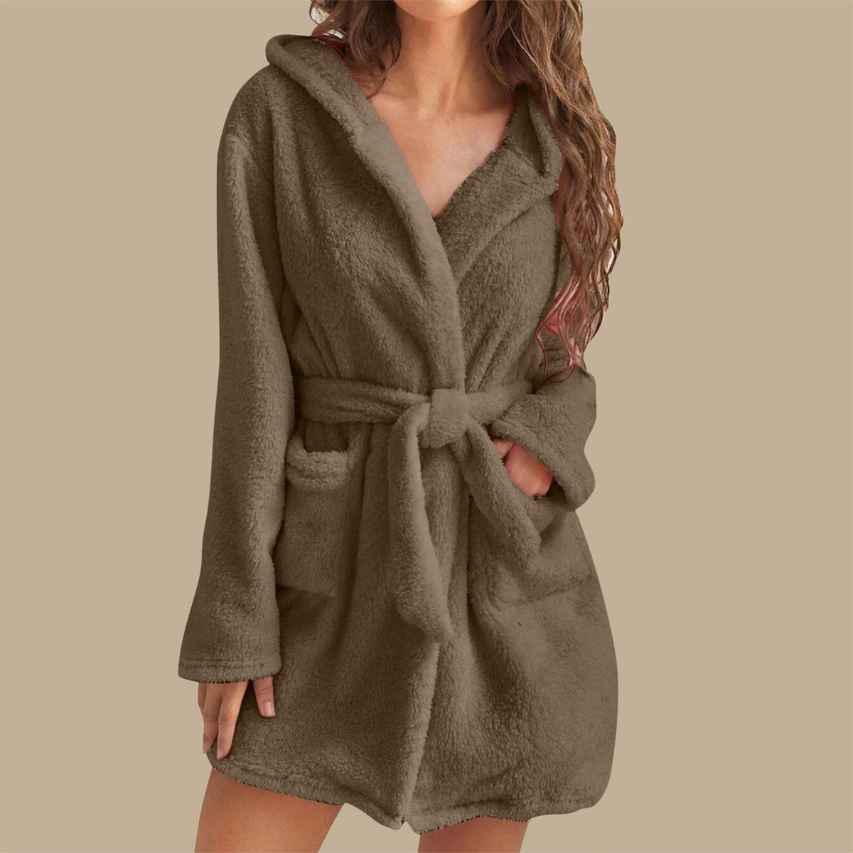 Womens Plush Hooded Bathrobe Warm Homewear