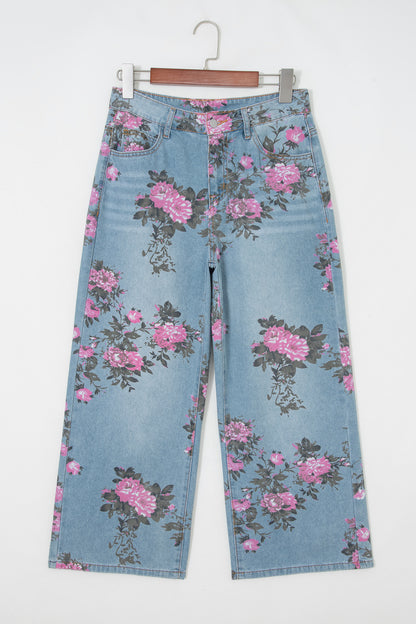Sky Blue Garden bloemenprint bootcut jeans met hoge taille