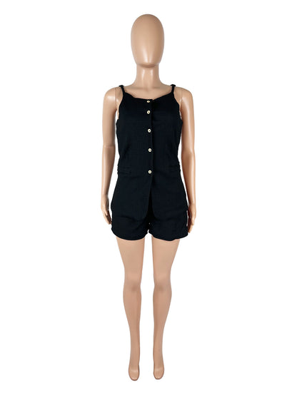 Strap Button Solid Color Vest and Shorts Set