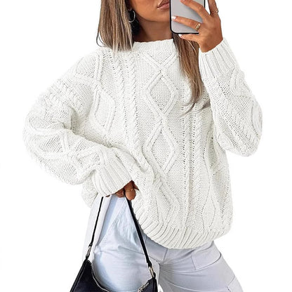 Women Solid Cable Knit Round Neck Pullover Sweater