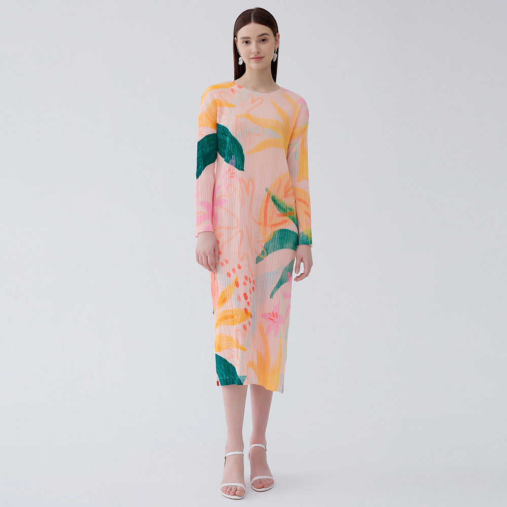 Women's spring and summer temperament waist printed floral pleated A-line long-sleeved dress