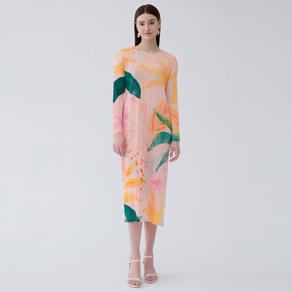 Women's spring and summer temperament waist printed floral pleated A-line long-sleeved dress