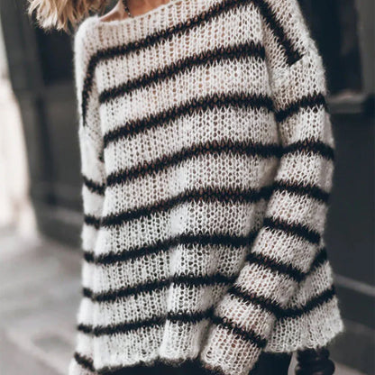 Dames Gebreide Ronde Hals Lange Mouw Gestreepte Trui