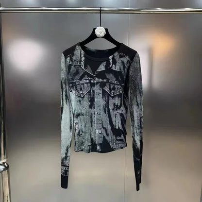 Spring New Collection Long Sleeve Print Shirt Distressed Bodycon Skirt Two Piece Set Women Tracksuits