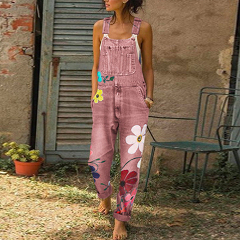 Printed jeans with non elastic straps and long pants straight tube