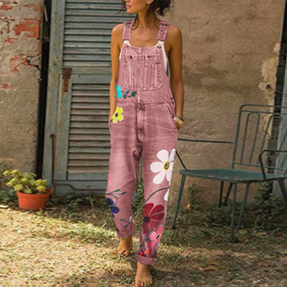 Printed jeans with non elastic straps and long pants straight tube