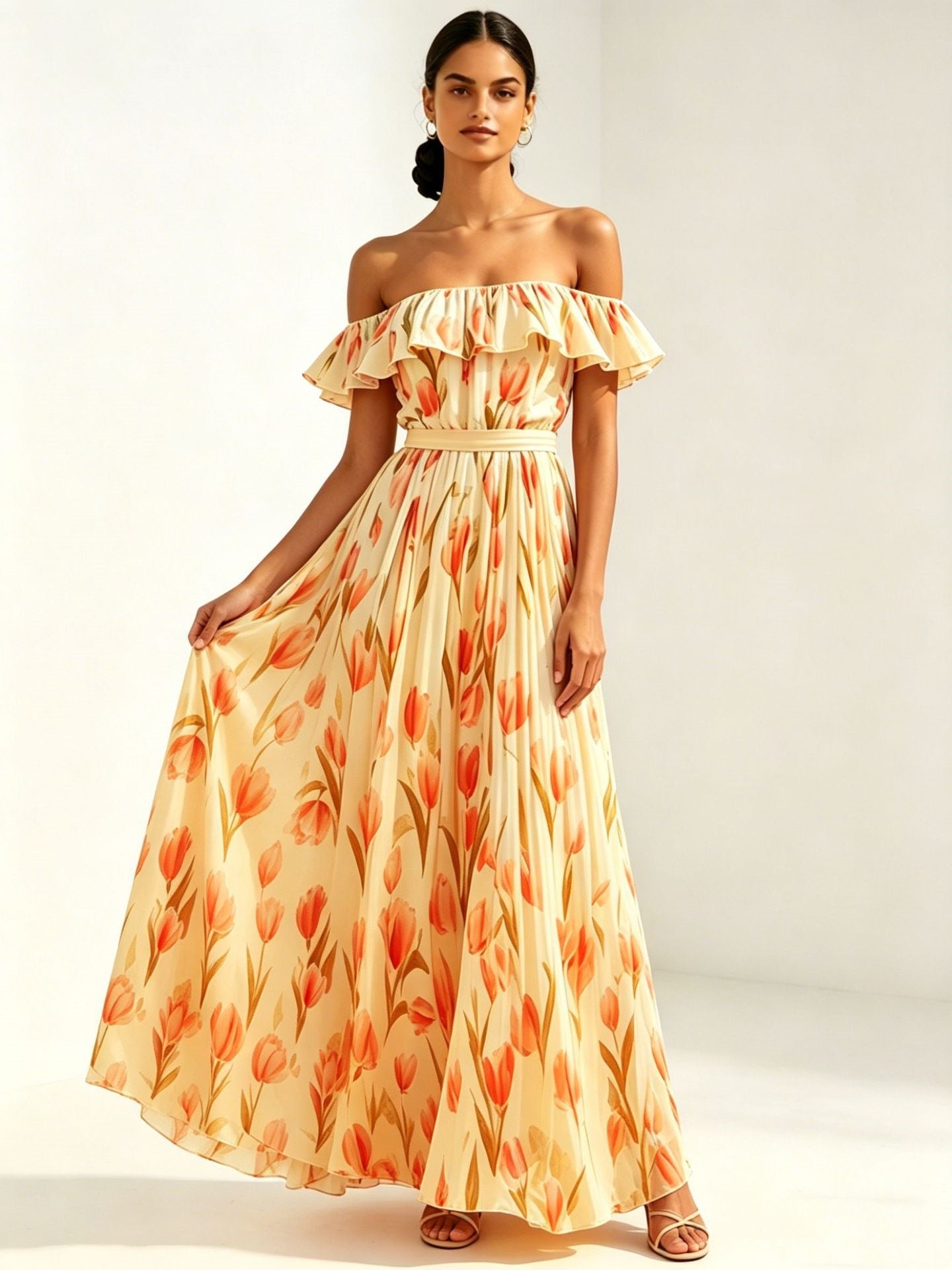 Printed long skirt with waist cinching and large swing dress