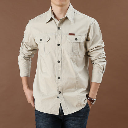 Men's Plus Size Solid Color Long Sleeve Work Shirt Loose Fit Casual Button-Down Shirt with Pocket