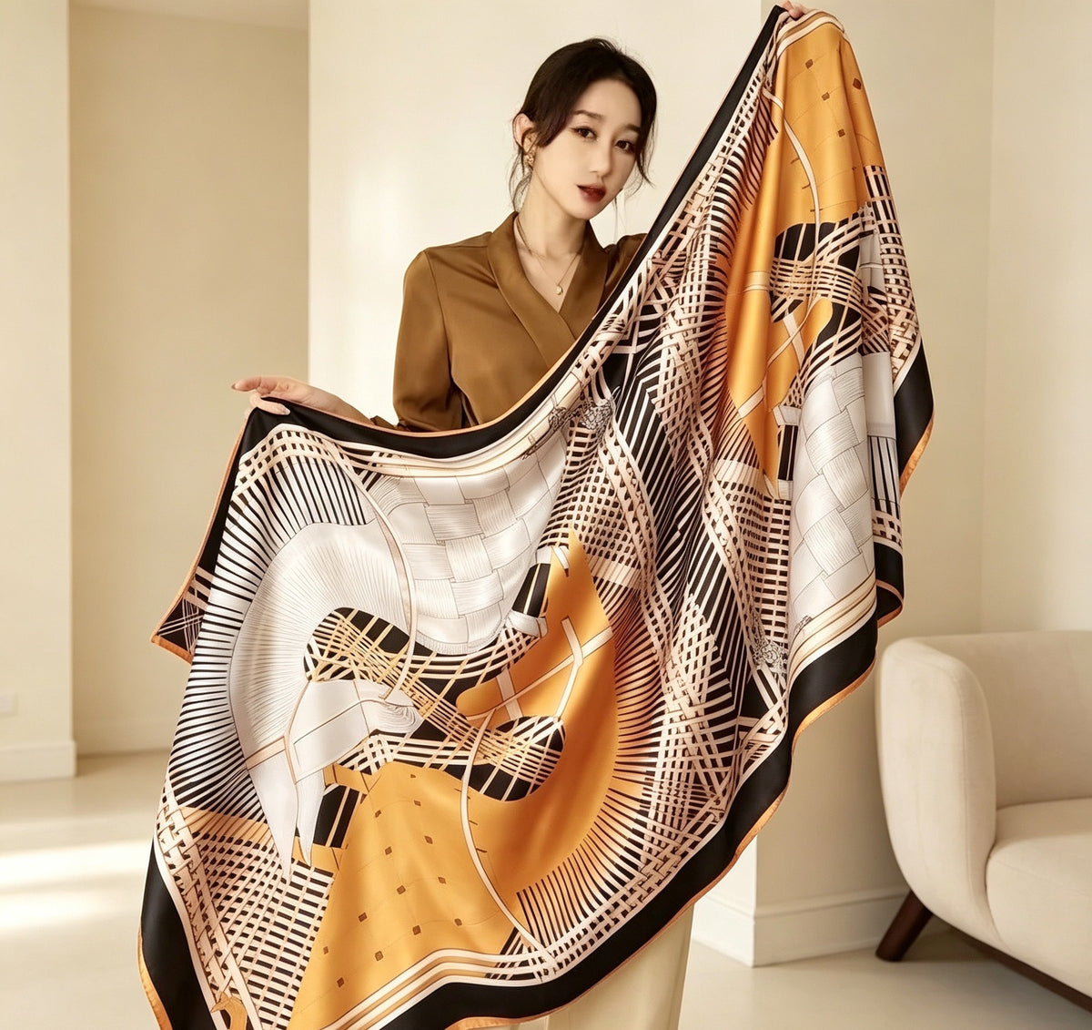 Women's Lijin Satin Scarf Floral Print Shawl