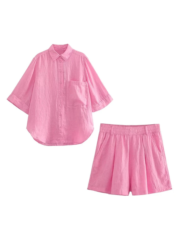 Fashion Cotton Linen Shorts Sets Women Summer Solid Single Breasted Lapel Blouse Wide Leg Elastic Waist Short Pant 2 Pieces Sets