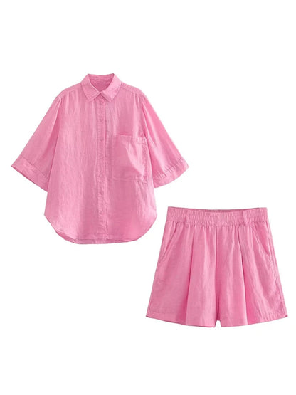 Fashion Cotton Linen Shorts Sets Women Summer Solid Single Breasted Lapel Blouse Wide Leg Elastic Waist Short Pant 2 Pieces Sets