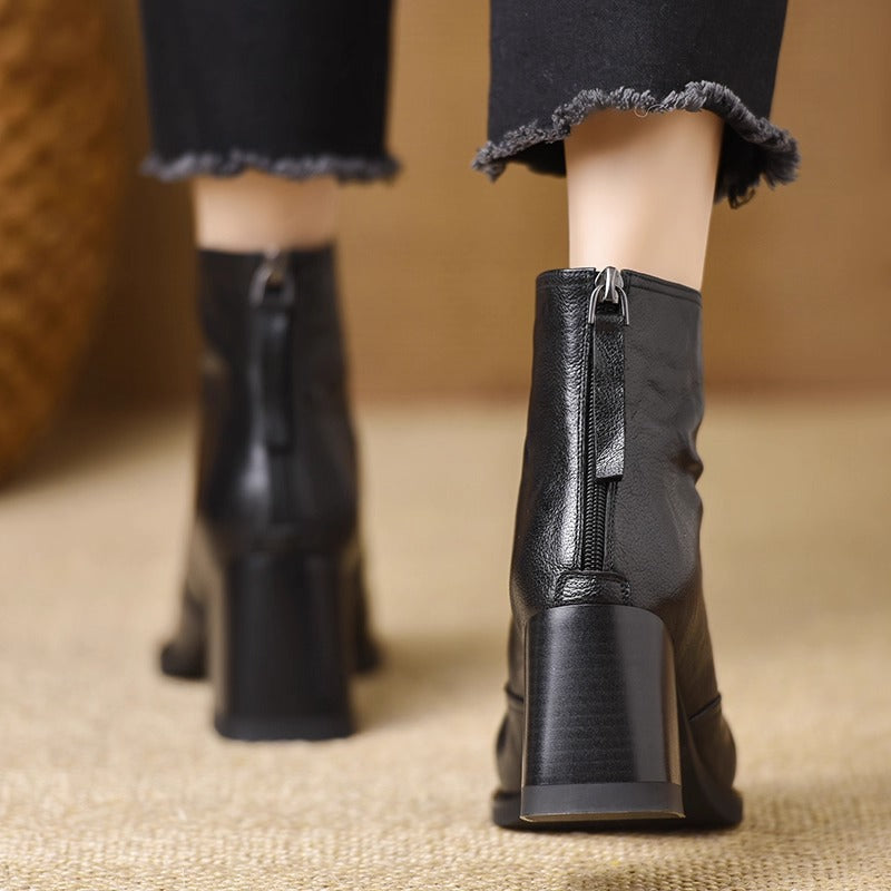 Womens Retro Square Toe Thick Heel Boots Back Zipper Fashion Ankle Boots