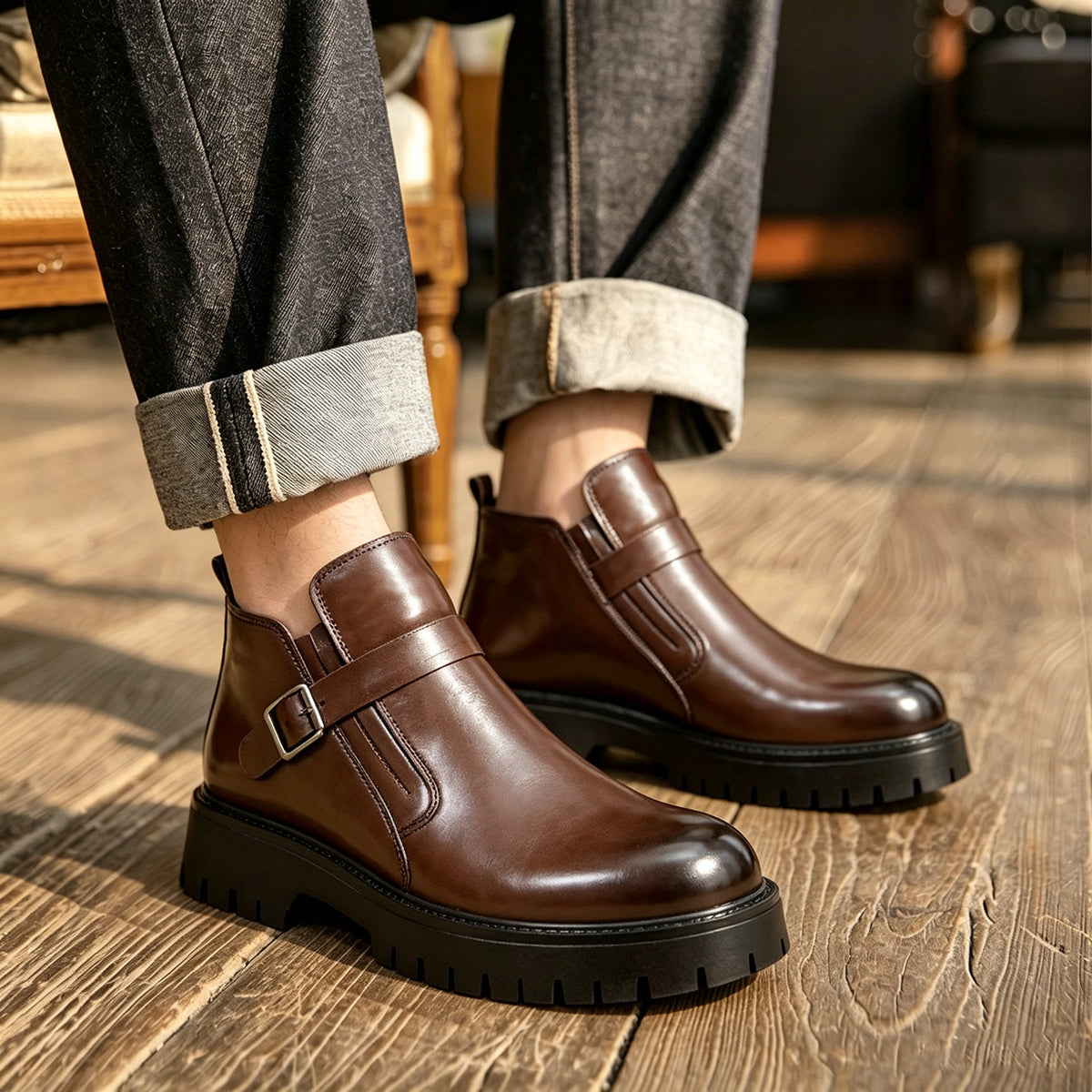 Mens Chunky Heel Leather Boots