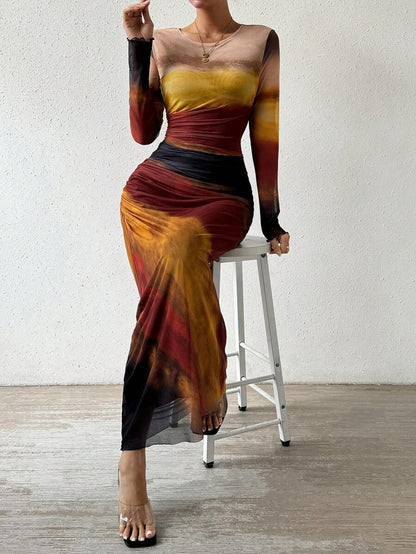 Mesh Print Sleeveless Ruffled Detail Bodycon Round Neck Dress