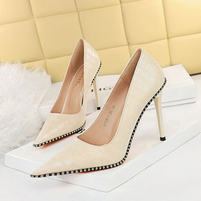 Vintage Stone Pattern High Heels Stiletto Shallow Mouth Pointed Metal Beads Rivets Women's Shoes