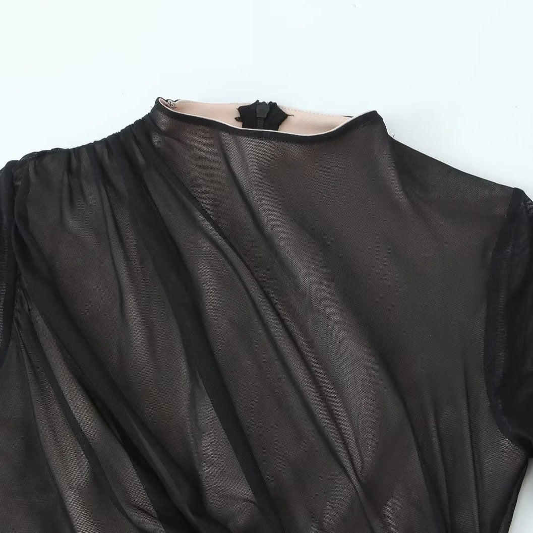 Autumn style high round neck long sleeved pleated decorative silk mesh jumpsuit