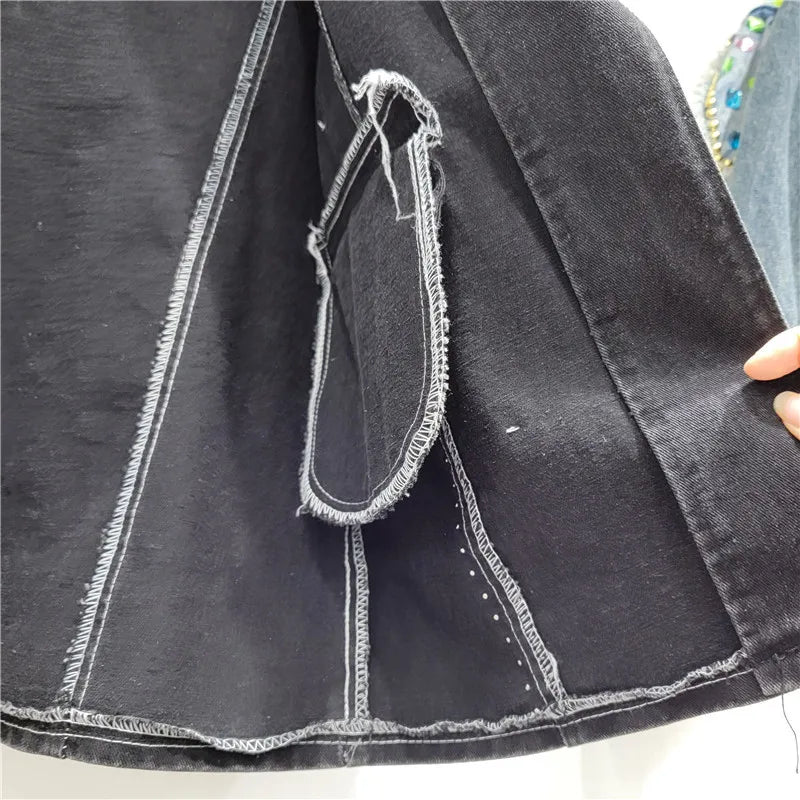 Mid Long Rivet Diamonds Denim Spliced Plaid Blazer Coat Women Autumn New Loose Vintage Black Jeans Patchwork Suit Jackets Female