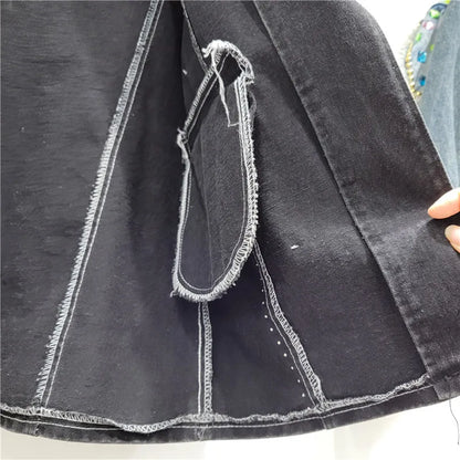 Mid Long Rivet Diamonds Denim Spliced Plaid Blazer Coat Women Autumn New Loose Vintage Black Jeans Patchwork Suit Jackets Female