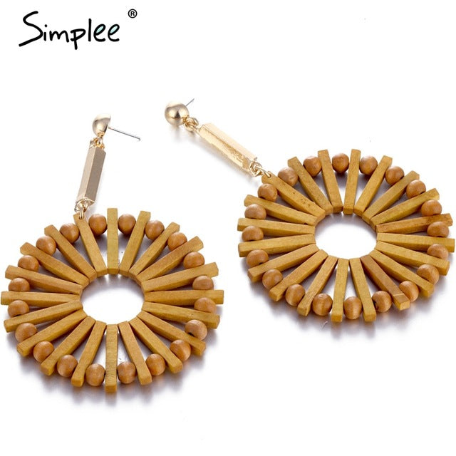 Simplee Boho wood semicircle drop earrings female Vintage handmade women earrings Fashion ethnic ladies accessories jewelry