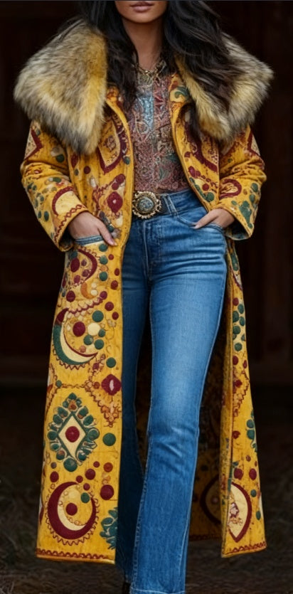 Retro Warm Printed Long Coat