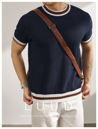 Men's Striped Ice Silk Knit Polo Shirt Short Sleeve Slim Fit Summer Top