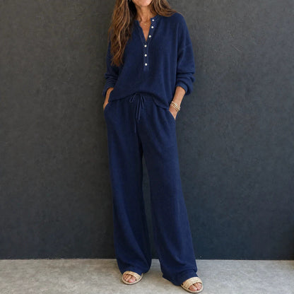 Women's Solid Color Knit Rib Top Straight Pants Set