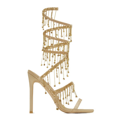 Black Gold Rhinestone Stiletto High Heel Sandals