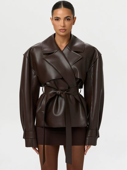 Classic Waist-Cinching PU Leather Jacket