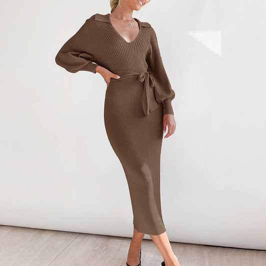 Elegante gebreide lange jurk met strik voor dames