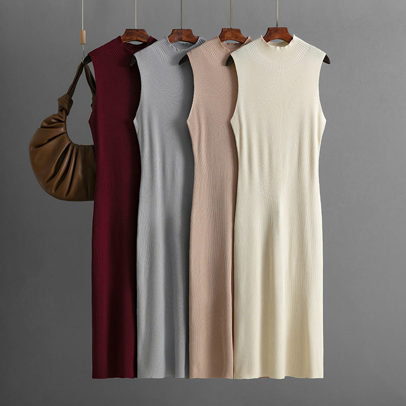Solid Color Fitted Elastic Knit Sleeveless Pinafore Dress Versatile Bodycon Dress