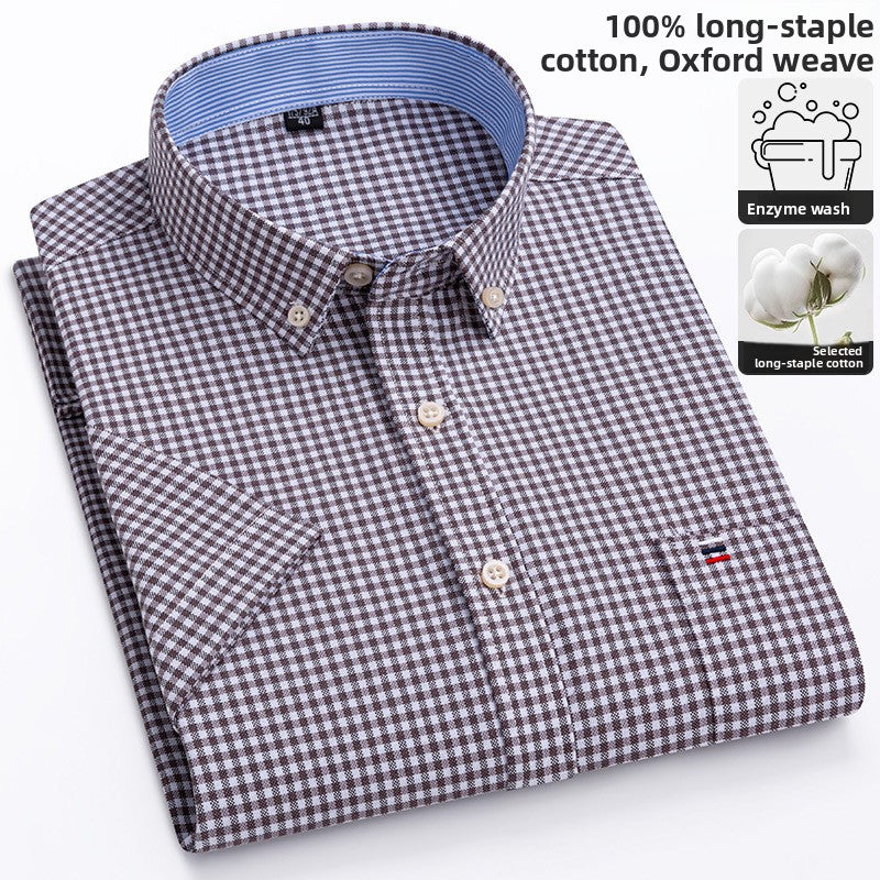 Men's 100% Cotton Plaid Short Sleeve Shirt Oxford Casual Square Collar