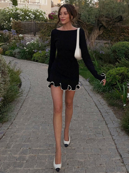 Womens Elegant Crewneck Long Sleeve Slim Fit Ruffled Dress