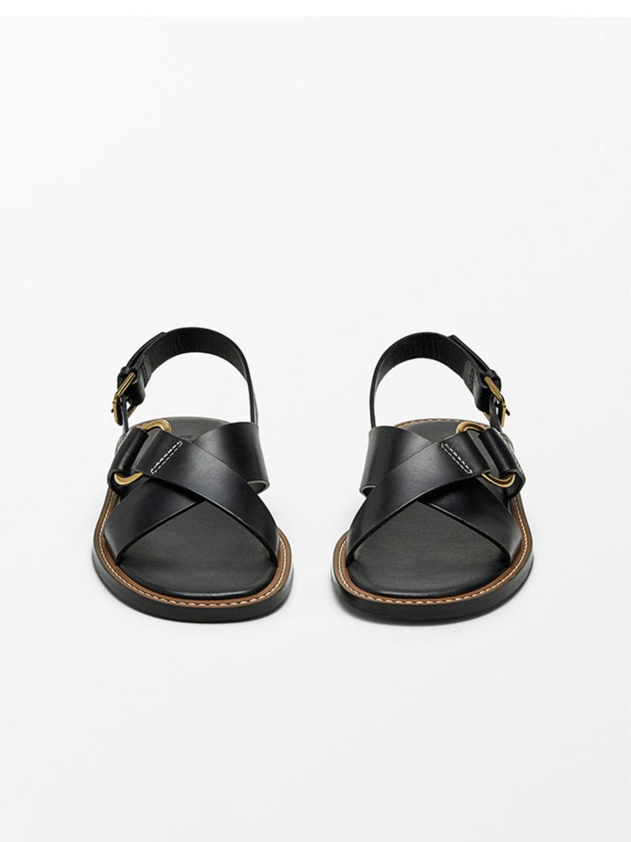 Summer new leather cross strap flat slippers black Roman sandals for women