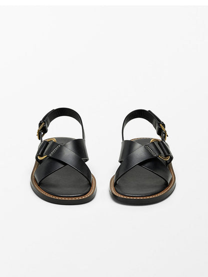 Summer new leather cross strap flat slippers black Roman sandals for women