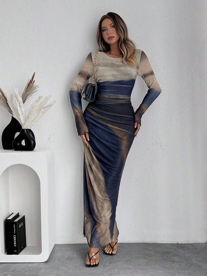 Mesh Print Sleeveless Ruffled Detail Bodycon Round Neck Dress