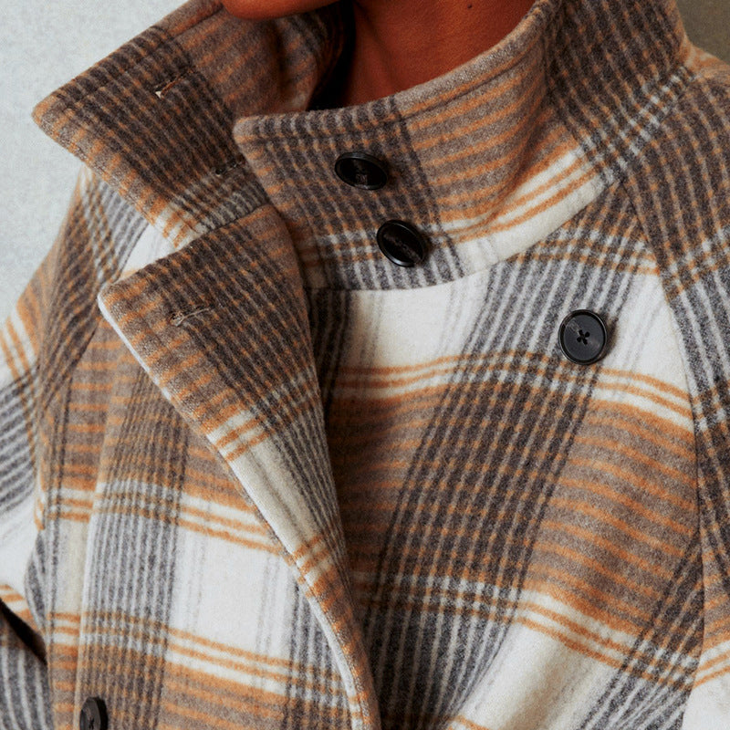 Dames contrasterende geruite jas met tailleband