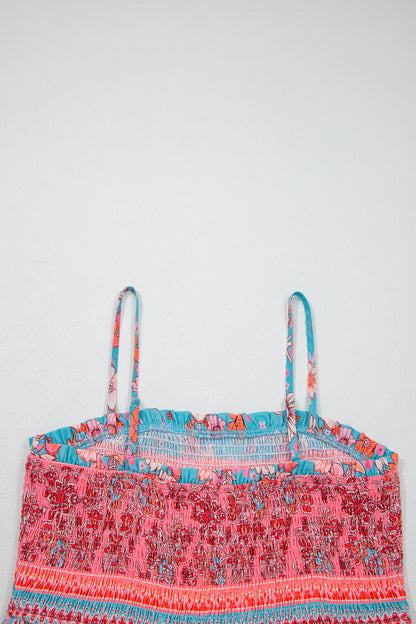 Maxi-jurk met bohemian etnische print gesmokte buste en spaghettibandjes