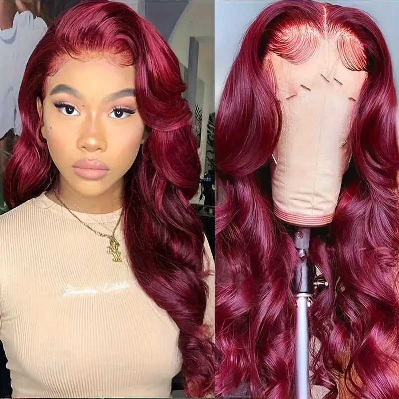 Lang krullend wijnrode synthetische lace wig