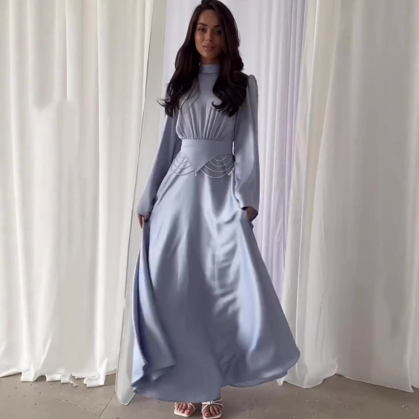 Elegant Solid Color Fashionable Long Sleeve Dress with Slim Waist and Breathable Design Summer Dress