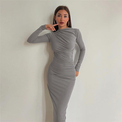 Solid Color Long Sleeve Round Neck Fitted Bodycon Dress