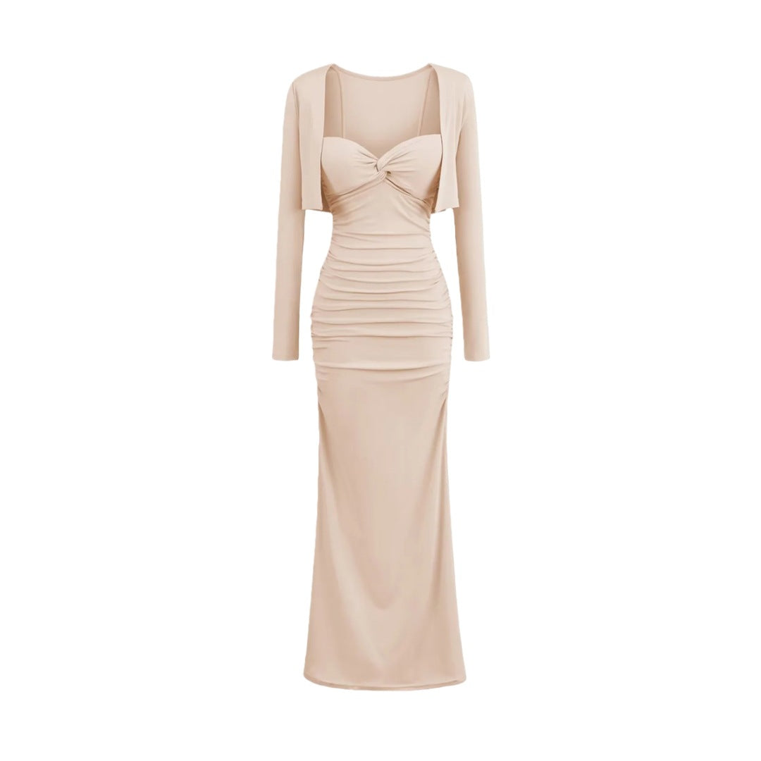 Vintage Sexy Knot Pleated Long Dress Design Slim Fit Bodycon Padded Dress with Cardigan Two-Piece Set